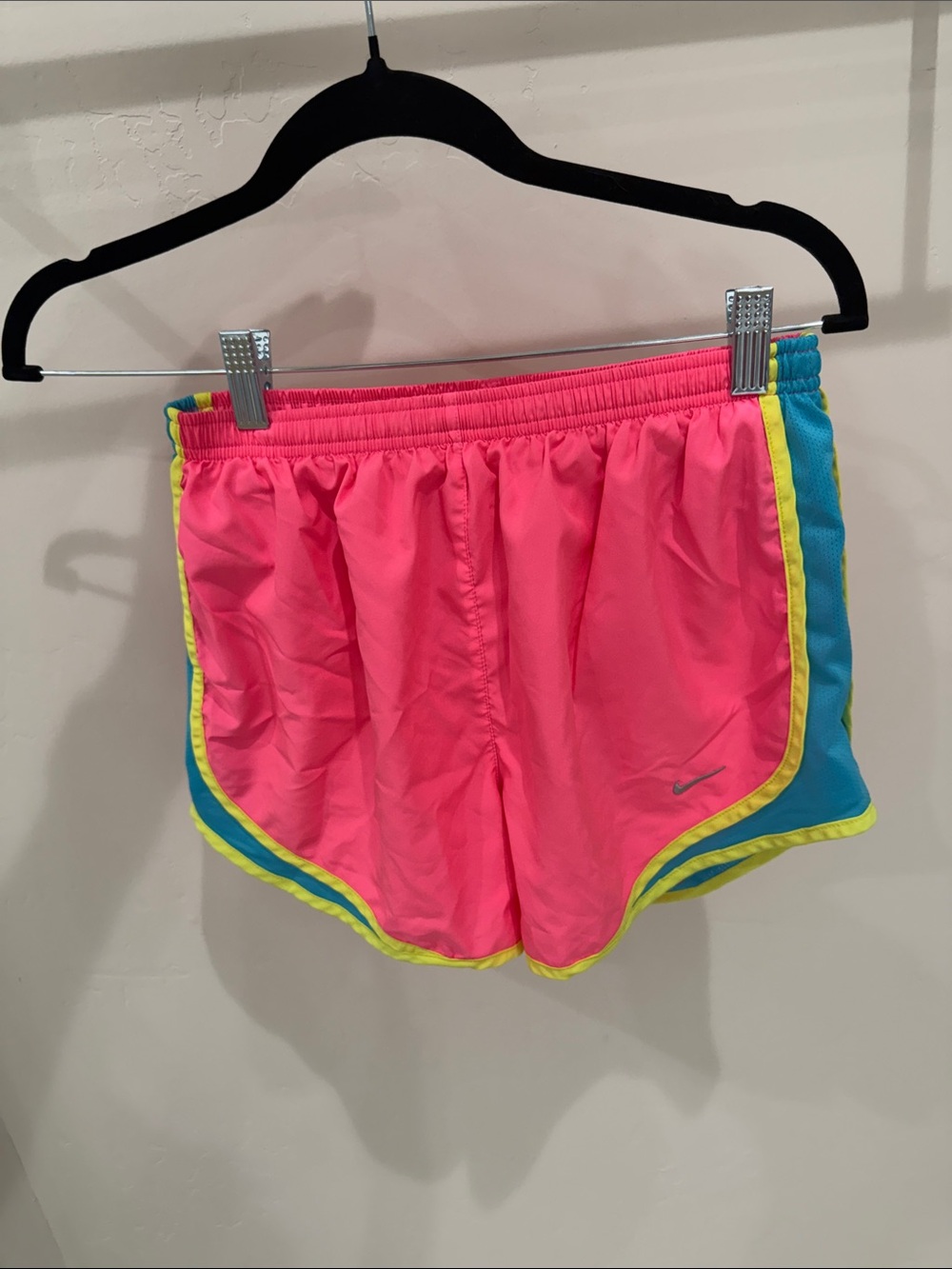 Nike Women’s Pink Athletic Shorts with Blue Panels & Yellow Trim